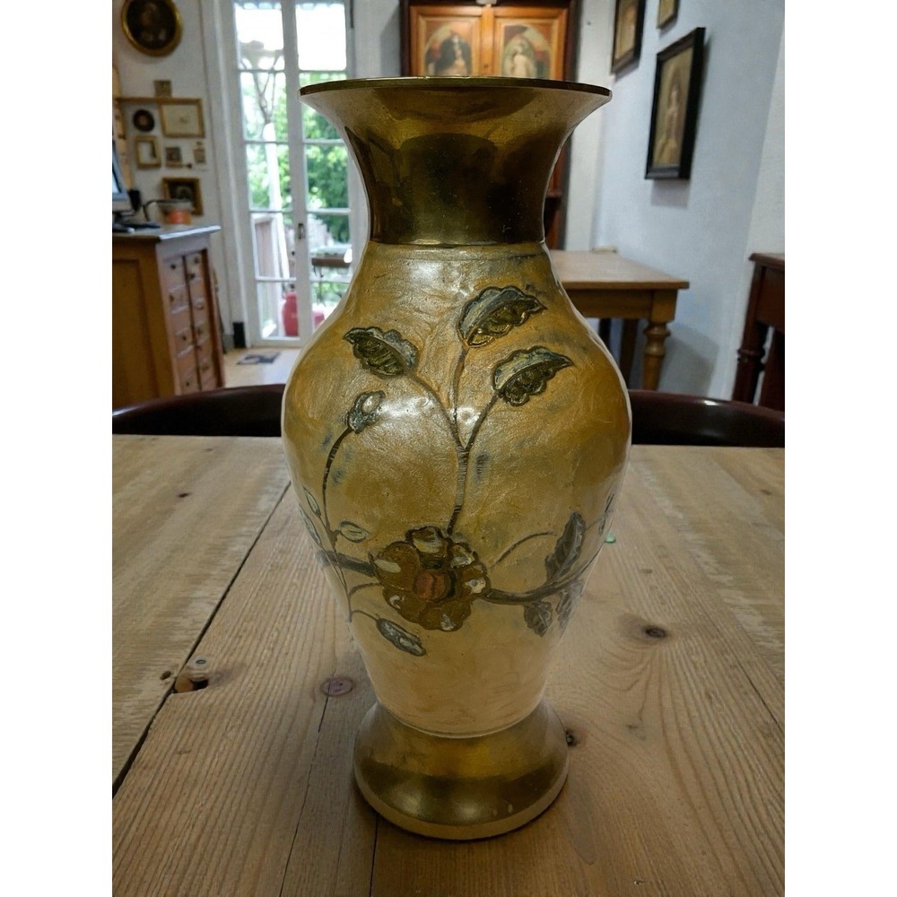 Vintage India Made Brass And Floral‎ Enamel But Vase For Dried Flowers